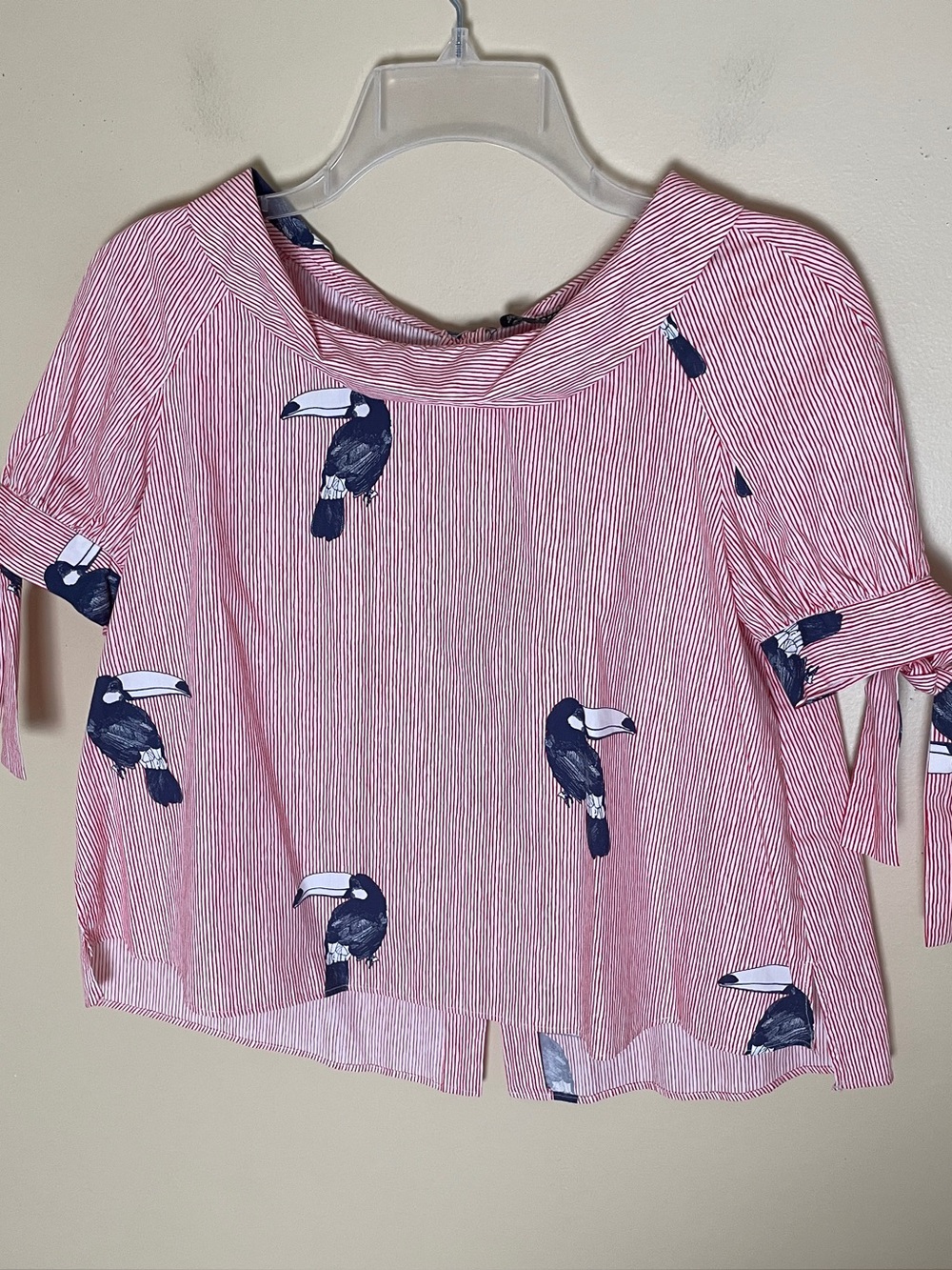 Zara Blouse Top Women's Size Medium Striped Parrot Novelty Print Retro Cropped - Picture 6 of 11